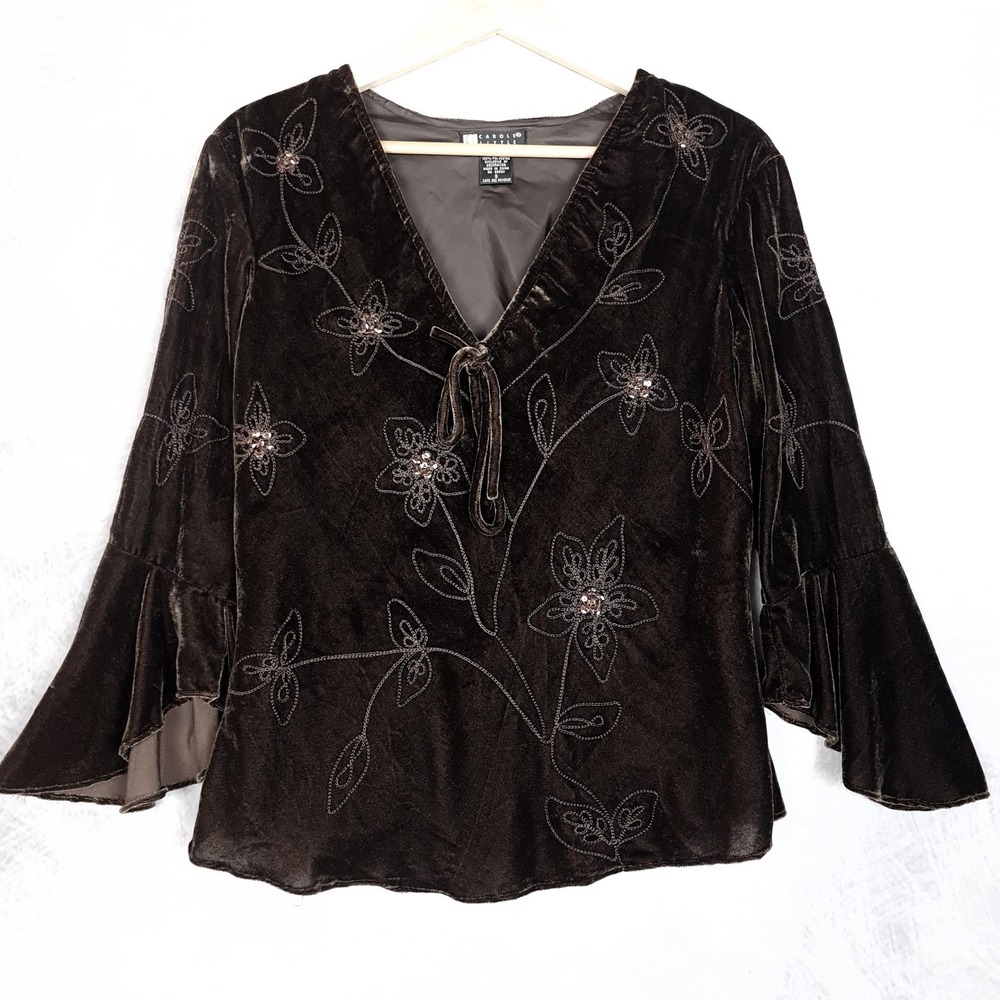 Vintage Y2K Velvet Top Womens Small Brown Floral Rhinestone Bell Sleeve Flutter